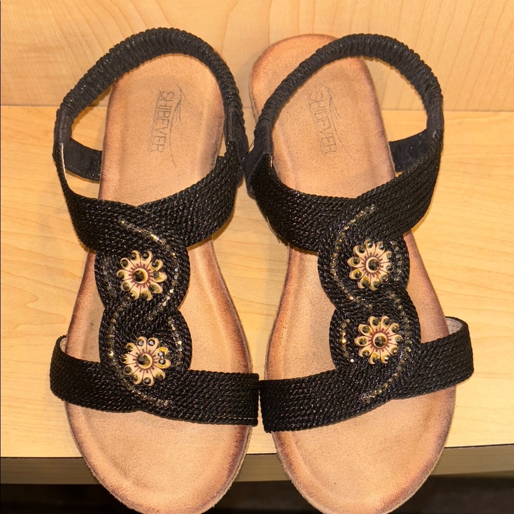 Shibever Black Sandals with Gold Accents